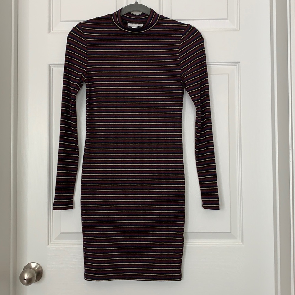 Topshop Striped Fitted Mock Neck Dress